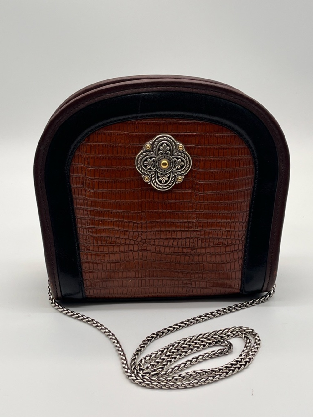 Brighton Vintage Brown Black Croc-Embossed Crossbody Bag Small Saddle Leather